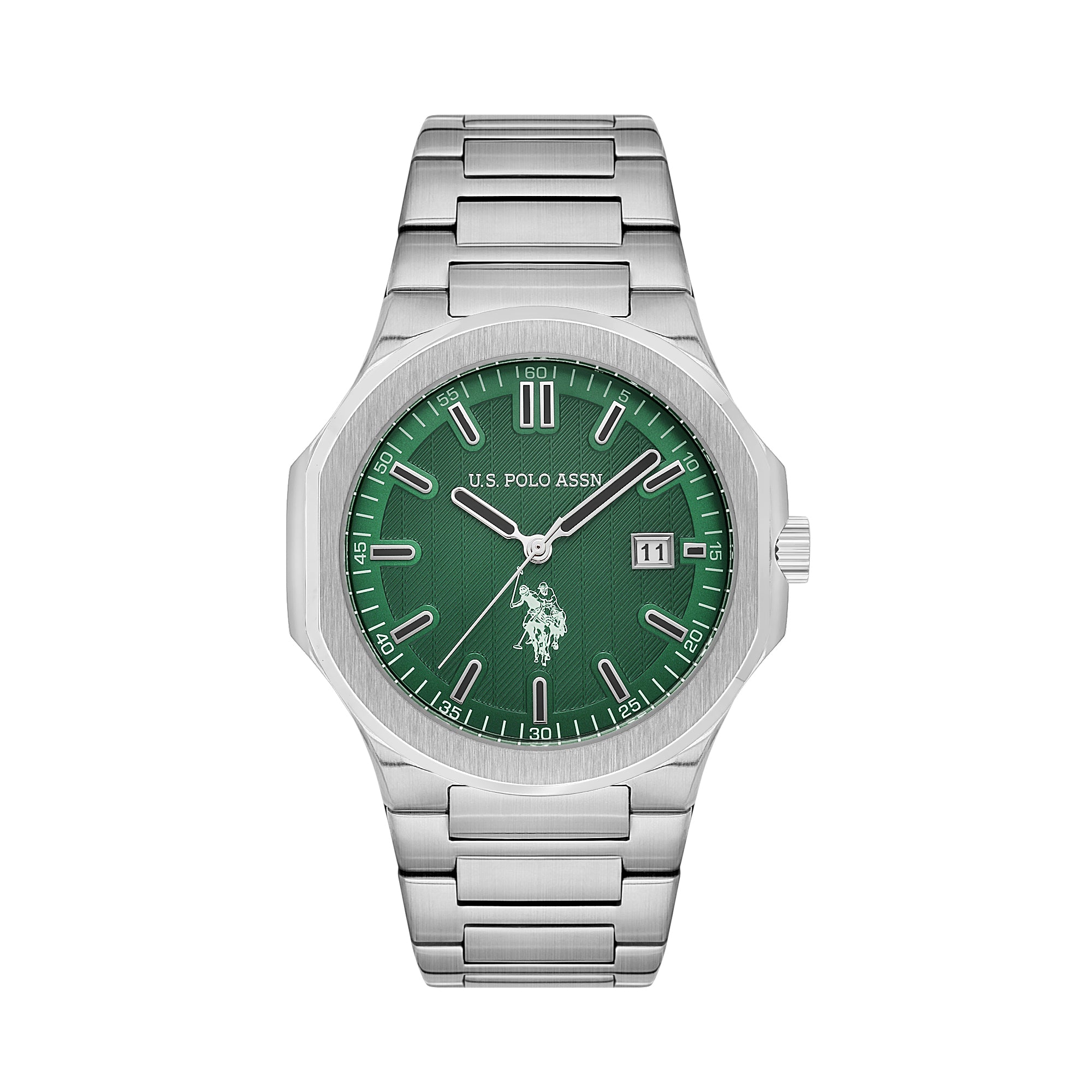 U.S. Polo Assn. Novelties Men's Green Dial Silver Stainless Steel Bracelet Analog Watch 45mm
