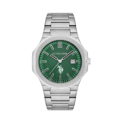 U.S. Polo Assn. Novelties Men's Green Dial Silver Stainless Steel Bracelet Analog Watch 45mm
